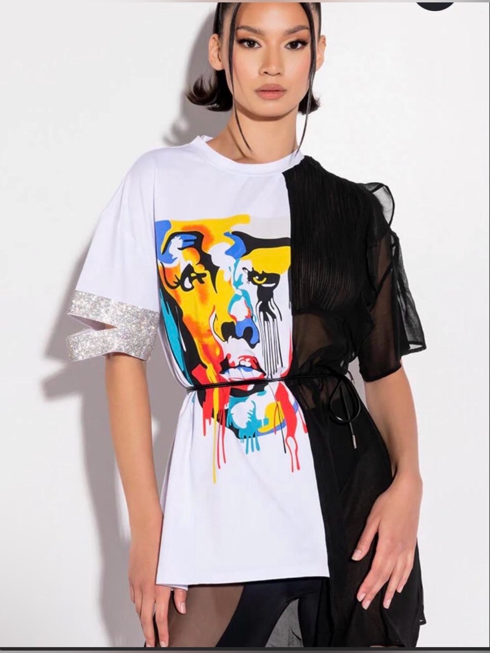NWOT Akira Crazy Sexy Cool Mix Media Sheer Rhinestone Graphic T-shirt  M